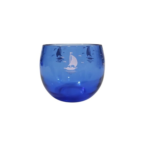4 Vintage HAZEL ATLAS Cobalt Blue Cocktail Roly Poly Glasses Sailboat Ships 6 oz - Picture 2 of 5